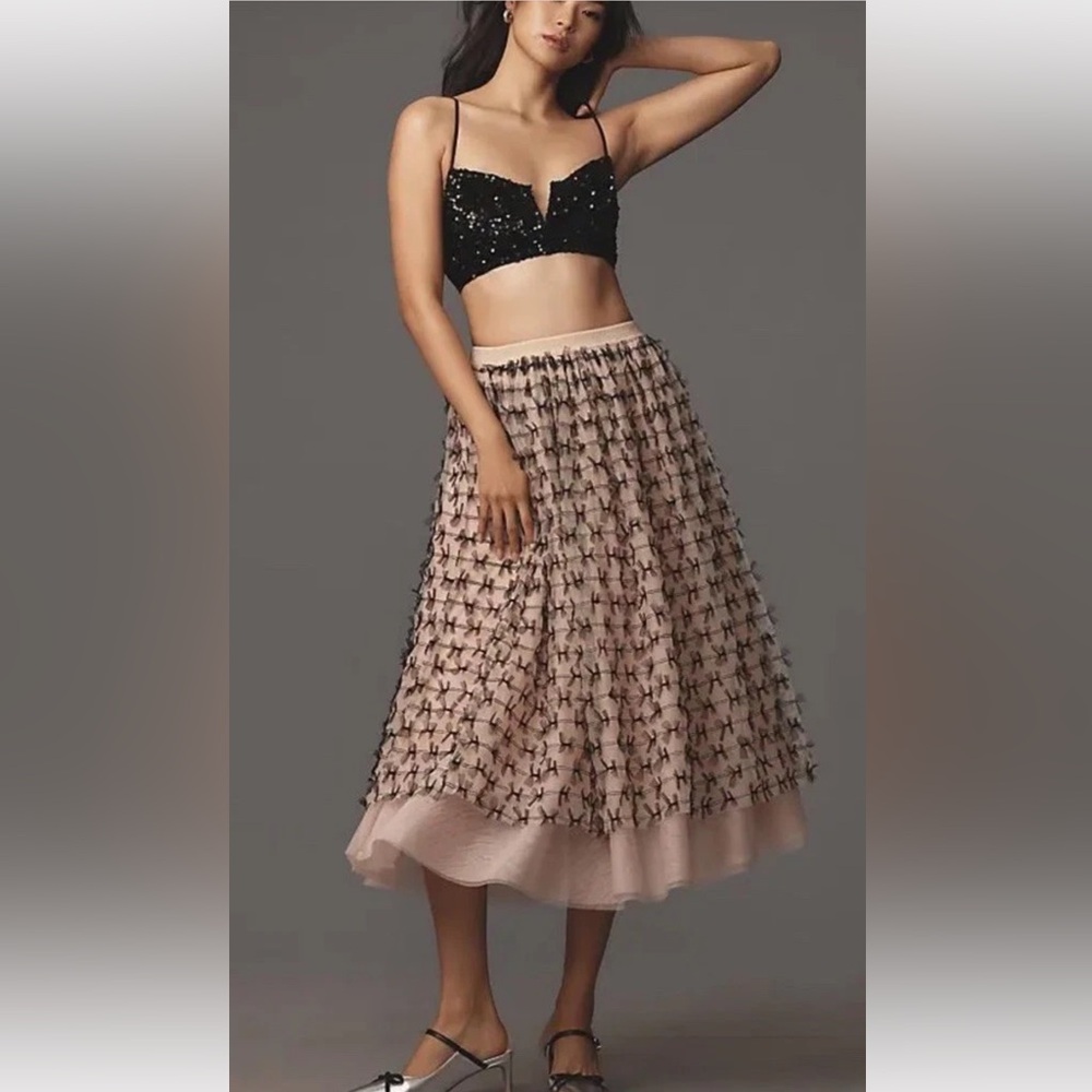 Anthropologie Maeve All Over Bow Tulle Maxi Skirt Lined Nude Rose Motif